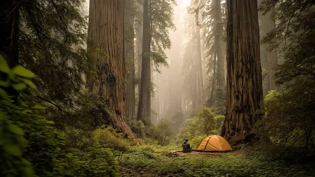 Tent nestled among towering redwood trees.