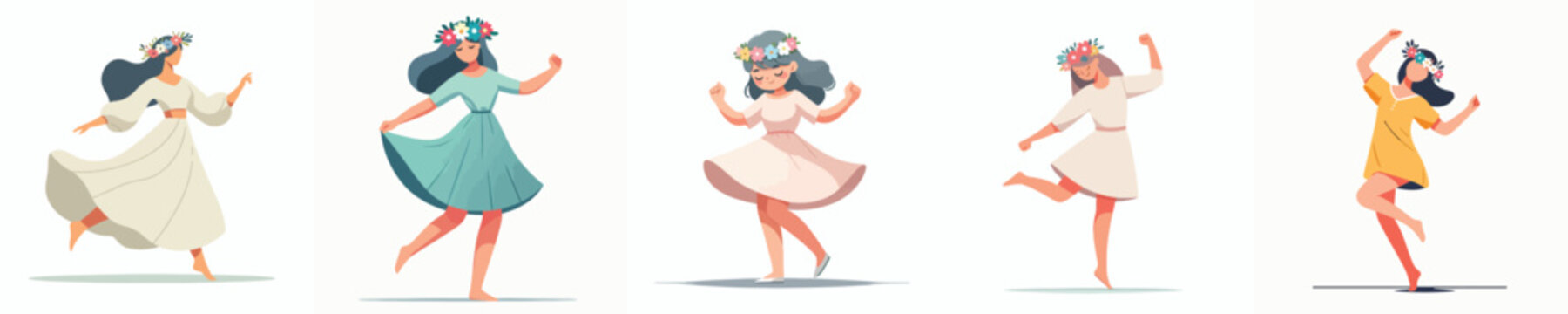 vector of a woman dancing happily wearing a flower crown during spring