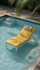 Fototapeta premium Yellow Pool Lounger with Pillow in Tropical Swimming Pool Setting