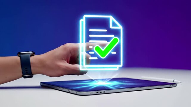 Hand touching glowing digital document with green checkmark rising from tablet. Approval and task verification technology for business compliance workflow management and paperless quality assurance