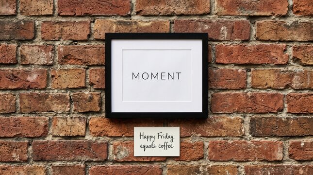 Framed word "Moment" with "Happy Friday equals coffee" note on a rustic brick wall background