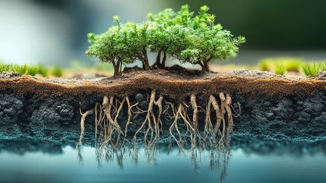 Small green plants thriving in nutrient rich soil, strong roots deeply submerged in clear blue water, essential for growth, ecological balance, and natural sustenance