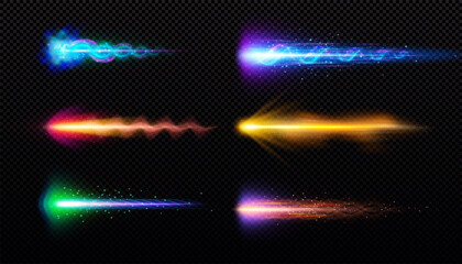 A set of neon multicolored gunshot trails, magic weapons, glowing smoke trails with sparks. © sabelskaya