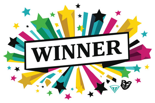 Colorful winner announcement design with vibrant starburst and celebratory elements perfect for awards contests and achievements