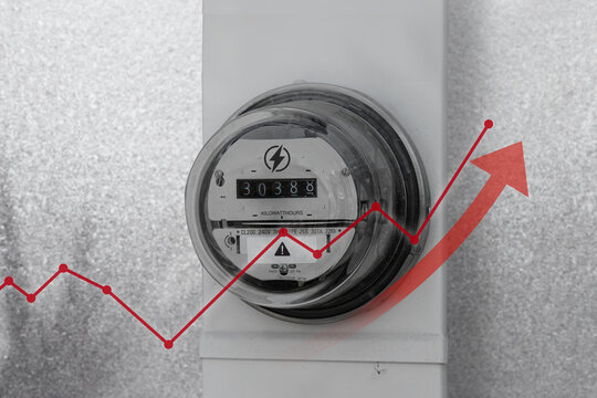 Close-up of a residential electric meter showing kilowatt-hour usage, overlaid with a red upward arrow and line graph symbolizing increasing electricity consumption, rising energy costs, or power dema