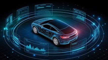 Smart car wireframe surrounded by glowing digital data interfaces in a dark futuristic set