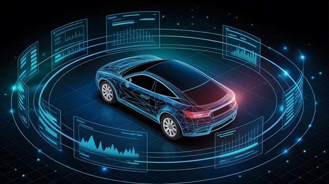 Smart car wireframe surrounded by glowing digital data interfaces in a dark futuristic set