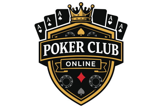 Creative poker club logo design with playing cards ace symbols and golden crown for online gaming community