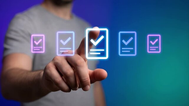 Finger touching checkmark document in digital verification on virtual interface. Task approval and multi step system for business compliance quality control and validation workflow management