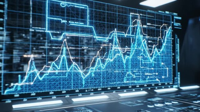 Futuristic financial chart and graph data analysis with blue glowing lines, advanced technology interface, stock market investment, digital screens, modern dashboard, and abstract business growth