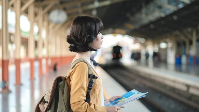 Young woman traveler with map waiting for train at railway station