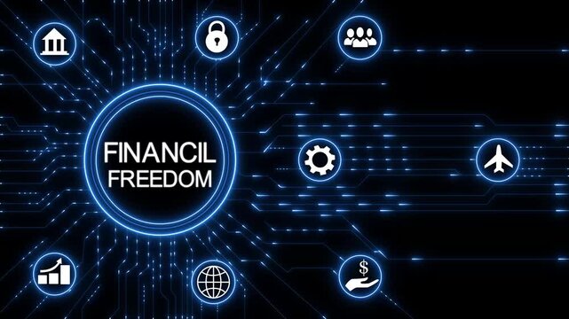 Financial Freedom concept.Circuit board with Technology background.4K Animation.