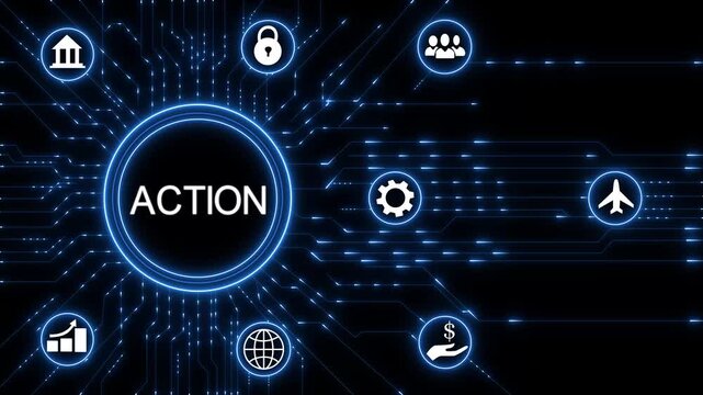 A Action business concept .Circuit board with Technology background.4K Animation.