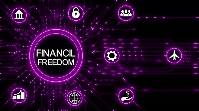 Financial Freedom concept.Circuit board with Technology background.4K Animation.