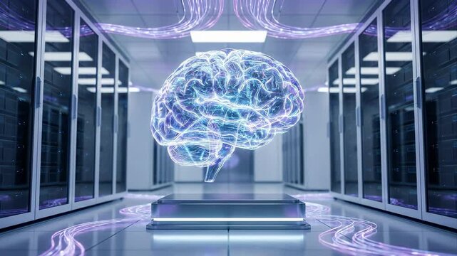 Glowing digital ai brain on podium in server data center corridor with fiber cable connections on ceiling. Artificial intelligence neural network and machine learning computing technology for advanced