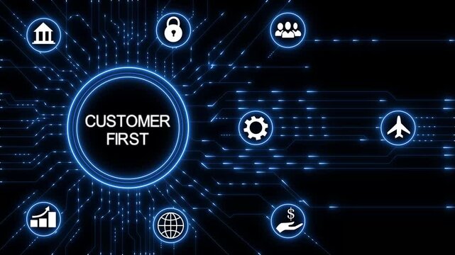Customer First business concept.Circuit board with Technology background.4K Animation.