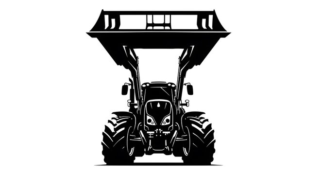 A high contrast black and white graphic illustration of a heavy agricultural tractor with a loader
