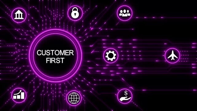 Customer First business concept.Circuit board with Technology background.4K Animation.