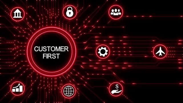 Customer First business concept.Circuit board with Technology background.4K Animation.