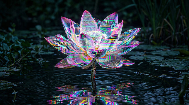 Surreal conceptual digital art of a glowing lotus flower with glitch effect and data corruption, emerging from dark pond water