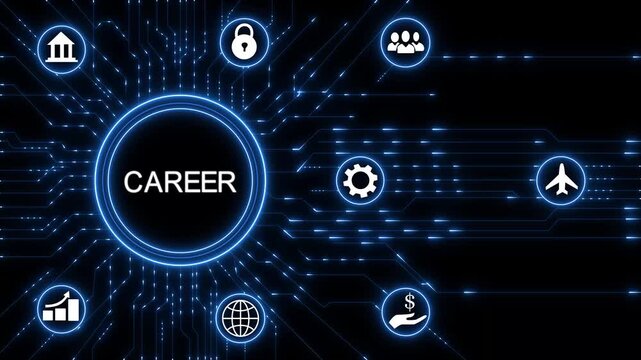 Coach motivate to career growth. Personal development, personal and career growth.Circuit board with Technology background.4K Animation.