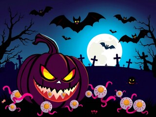 Fototapeta premium Spooky halloween scene with a giant evil pumpkin and flying bats