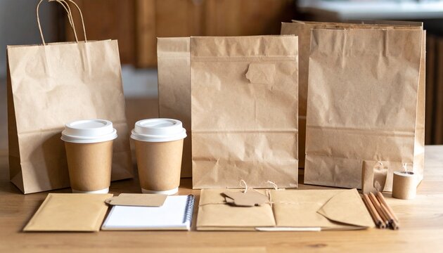 A collection of plain brown paper packaging items including a shopping bag, coffee cups, a notebook, an envelope, gift tags, and pencils