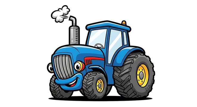 A cheerful blue cartoon tractor with a smiling face and smoke puffing from its exhaust pipe stack