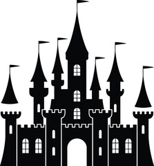 Obraz premium Black fairytale castle silhouette with multiple towers and flags for fantasy storybook themes and magical kingdom branding design.
