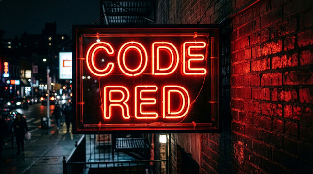 Code Red Neon Sign on Urban Brick Wall at Night