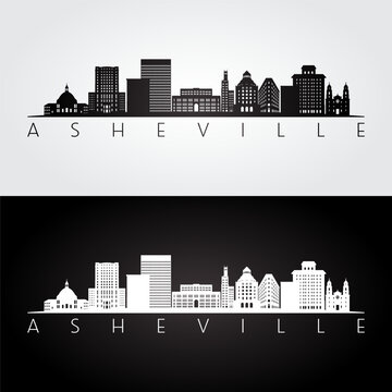 Asheville, NC skyline and landmarks silhouette, black and white design, vector illustration.  