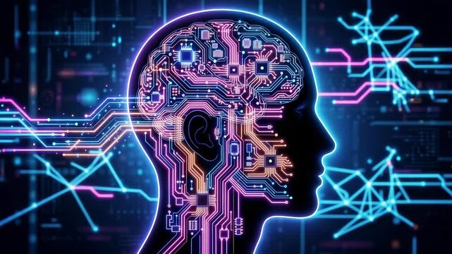 Futuristic artificial intelligence brain represented by glowing circuit board patterns within a human head silhouette