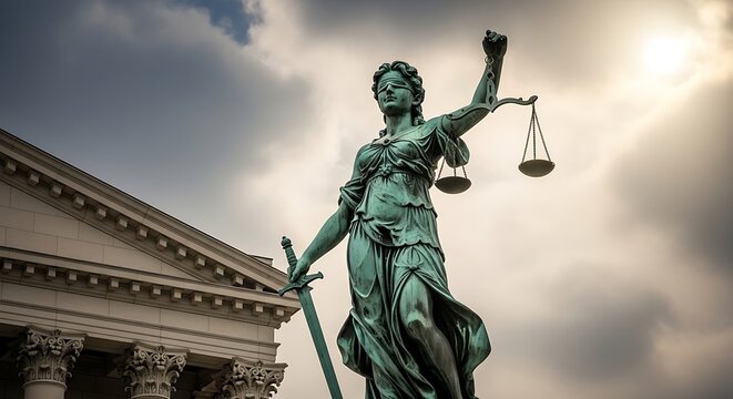 Statue of justice against a cloudy sky representing law and fairness
