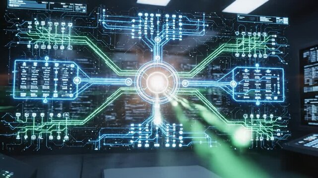 Futuristic circuit board digital interface with glowing lines, advanced technology, innovation, cyber network, data visualization, blue light, and high tech modern workspace for cyber security