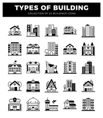 Fototapeta premium building icons including houses. apartments. churches. and modern skyscrapers.