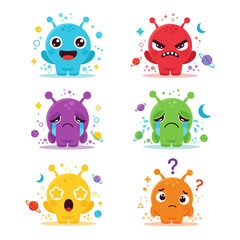 Obraz premium Cute Alien Emoticon Set with Different Moods and Space Icons