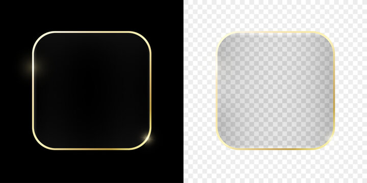 Realistic glass shiny effect gold frame isolated on black and transparent background. Modern Ui element, button. Vector PNG illustration