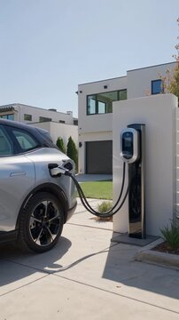 Electric car charging at modern home garage, vertical footage