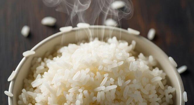 Steaming bowl of cooked rice overhead shot close up food photography