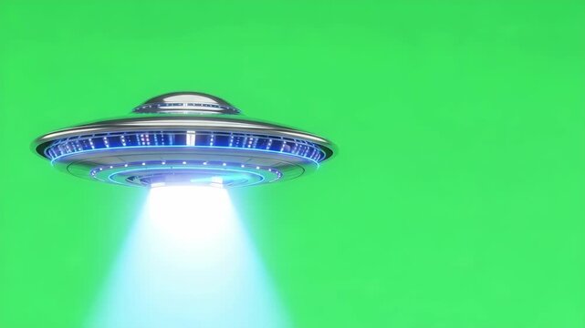 Futuristic alien spaceship hovering and emitting a bright blue beam of light