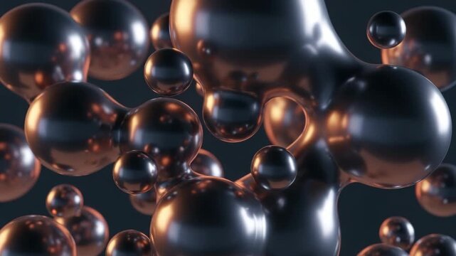 Abstract liquid metal spheres merging and flowing in dark moody lighting with reflections