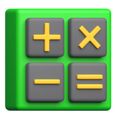 Obraz premium Vibrant 3D calculator icon featuring plus, minus, multiply, and equals signs on grey buttons, set against a bright green background.