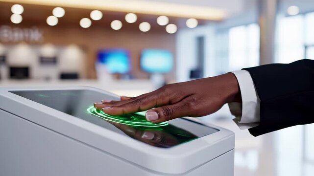 Business professional palm hand scanning on biometric kiosk device with glowing green sensor in modern office lobby. Identity authentication and access control security technology for corporate