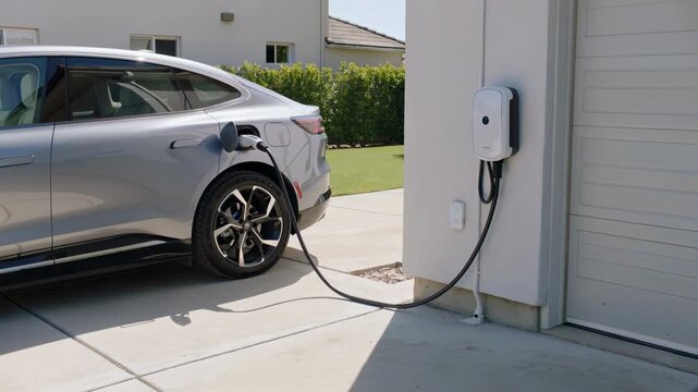 Electric vehicle charging at a home charging station, showcasing sustainable transportation and modern energy solutions