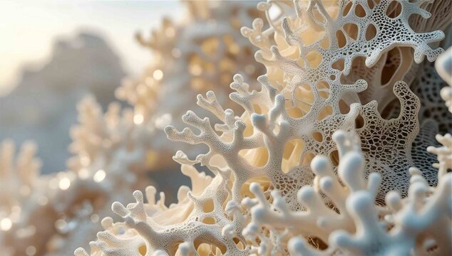 A close-up, macro photograph of delicate white coral with intricate, branching structures, resembling a lace-like pattern.