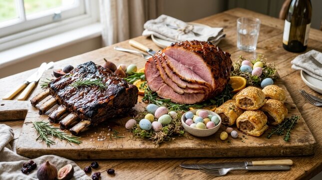 Festive Easter Feast featuring Glazed Ham and Roasted Beef Ribs with Colorful Eggs and Savory Rolls