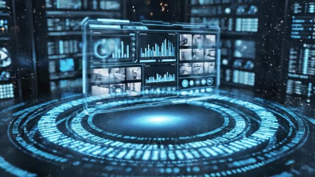 Futuristic digital interface data visualization technology with artificial intelligence and virtual reality, glowing abstract network, cyber innovation, blue light, high tech information science