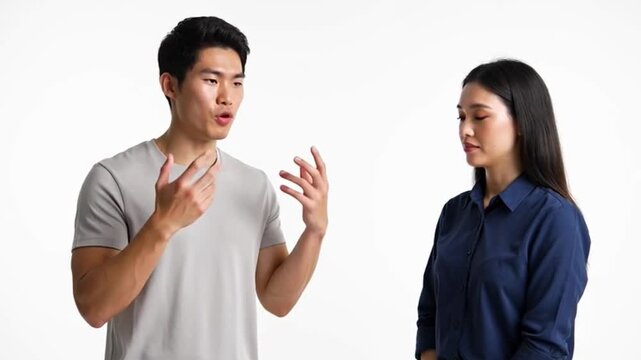 Two people conversing against white backdrop for communication concept