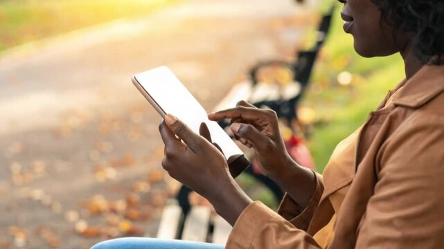 African American woman using smartphone outdoors in sunny park