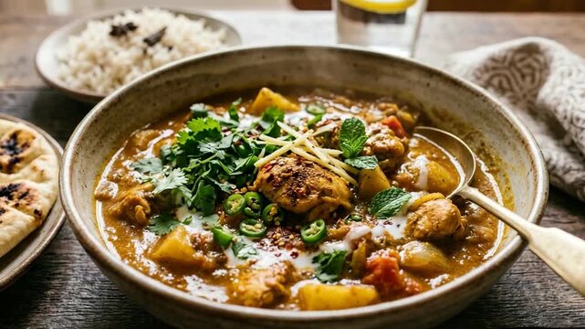 Spicy chicken curry in a bowl with cilantro, mint, and ginger garnish served with rice and naan bread